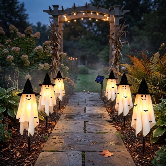 Kdkad 6 Pcs Halloween Ghost Lights, 26.3 In Ghost Shape Solar Lights Outdoor with Witch Hat, Spooky Light-up Ghost for Halloween Decorations, Garden Lights for Porch Pathway Yard Lawn