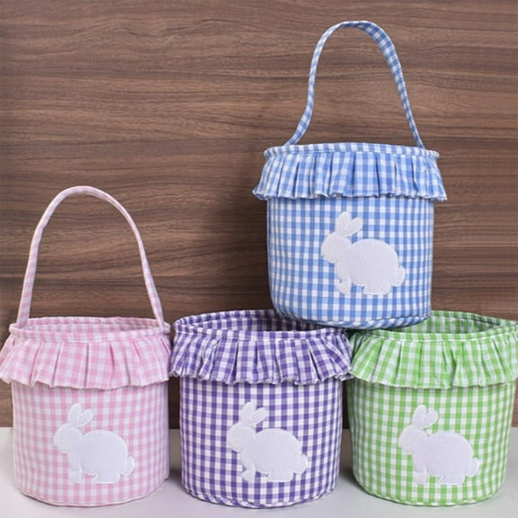 Kdkad 8.7×9.1 Inch Checkered Fabric Easter Rabbits Tassel Bag - Blue/Pink/Purple/Green Egg Storage Tote - Serviceable Lightweight Decor Tote for Easter Holiday Use