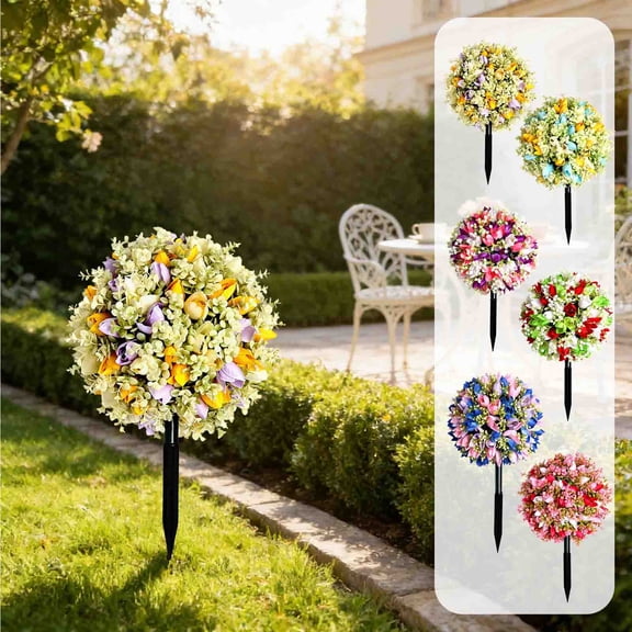 Kdkad Artificial Rose Ball Tree 9.8×15.7 Inch with Ground Stake, Plastic Topiary ArtificialFlower Tree for Outdoor Garden Yard Pathway, No Maintenance UV Resistant Decor for Wedding Party Home