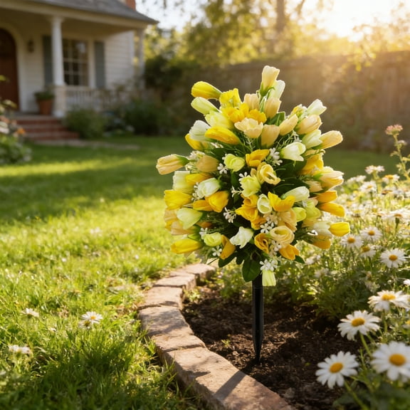 Kdkad Artificial Yellow Flower Arrangement with Ground Spike 23x12 Inch, Realistic Plastic ArtificialPlant for Outdoor Landscaping, Patio Planter, Cemetery Graveside, Home Office Wedding Decor