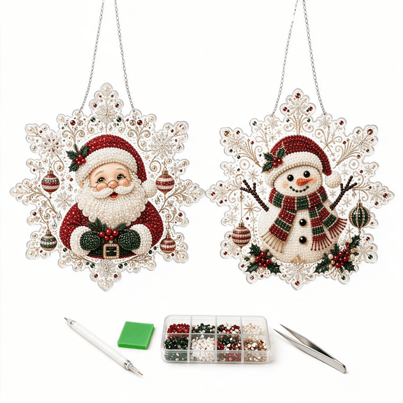 Kdkad Christmas Diamonds Painting, 7.8 In DIY Snowflake Shaped Diamond Art Kit with Santa Claus Pattern, Special Pearl Painting Christmas Decorations with Hanging Loop for Door Fireplace Wall Gifts