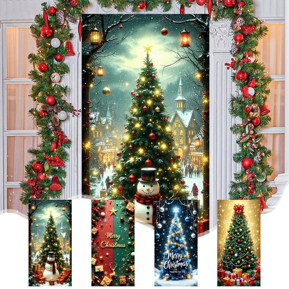 Kdkad Christmas Door Cover 35x71 Inch Polyester Holiday Door Xmas Decoration for Indoor Outdoor, Christmas Party Festival Home Front Door Cover Decor