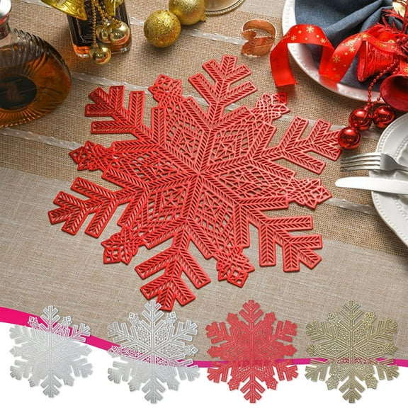 Kdkad Christmas Snowflake Placemat, 17.3 Inch Heat-Resistant Non-Slip Table Mats with Cutout Design for Holiday Dining Party Decor Gold Red Silver