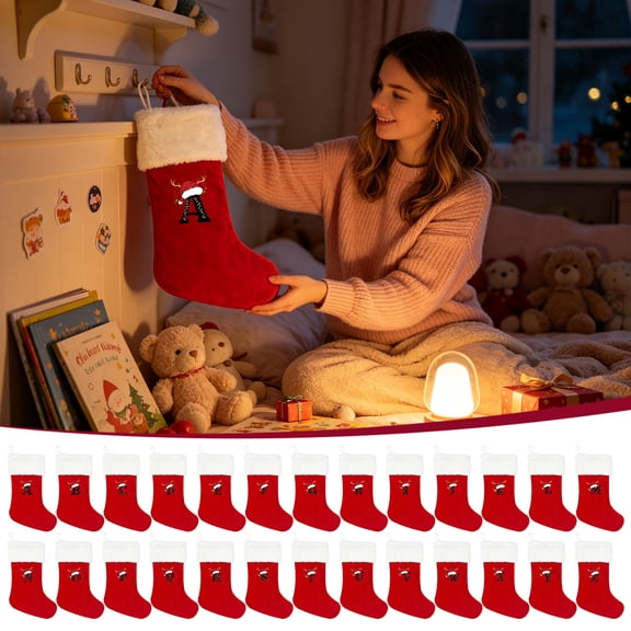 Kdkad Christmas Stockings, 18 In Large Xmas Stockings with A-Z Letters, Hanging Christmas Decorations for Xmas Tree Fireplace Railing, Red Gift Bags with Soft Plush Cuff & Cute Initial Letter(P)