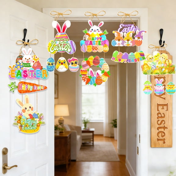 Kdkad Easter Cute Rabbit Door Hanging Pendant - Multicolor Paper Assorted Sizes - With Hanging Rope Easy Install No Punching for Easter Party Scene Wall Window Green Plant Decor