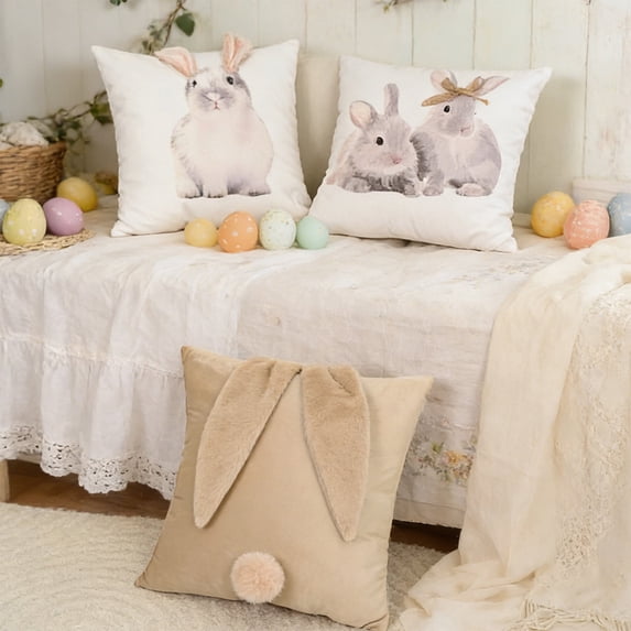 Kdkad Easter Rabbit Pillow Cover 18x18 Inch (45x45cm), White/Khaki Polyester Cushion Cover, Soft Wrinkle & Fade Resistant, Invisible Zipper Throw Pillowcase for Sofa Bed