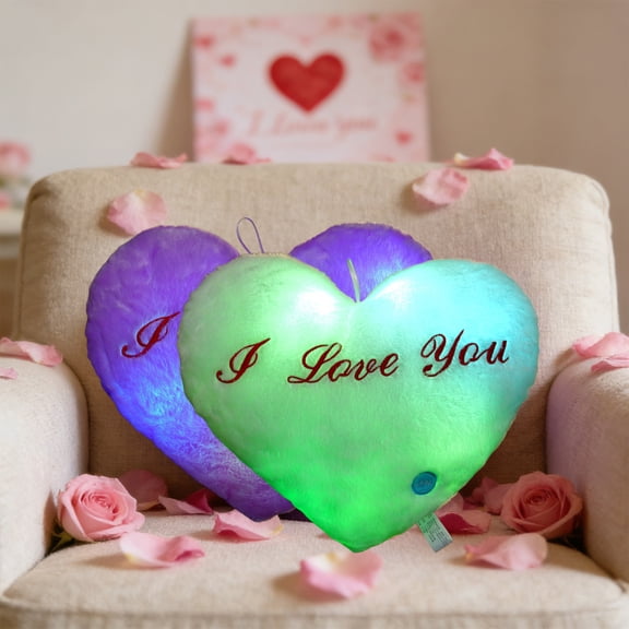 Kdkad Glows-in-the-Dark Heart-Shaped Plush Pillow - 13.8 Inch Purple/White Polyester LED Colorful Night-Light Pillow with Hidden Battery Box, Romantic Soft Cushion for Valentine’s Day Home Decor