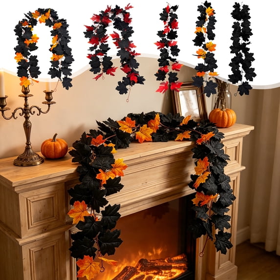 Kdkad Halloween Black Maple Leaf Vines, Artificial Fall Garland, Flexible Foliage Hanging Vines, Halloween Decorations for Porch, Fireplace, Railing, Table, Halloween Party Decor, 39In