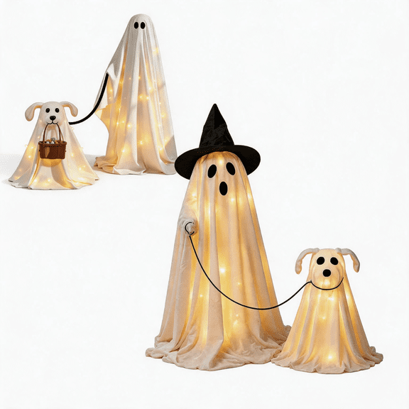 Kdkad Halloween Ghost Decor, Spooky Standing Ghost Dog with Warm White Lights for Halloween Decorations Outdoor, Reusable Ghost Decor for Door Porch Yard Garden, Halloween Party Supplies