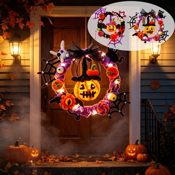 Kdkad Halloween Wreath, Cute Pumpkin Wreath Pipe Cleaners Crafts Kit with Lights, Creative DIY Halloween Decorations Kit for Fireplace Front Door Porch, Handmade Wall Room Decor for Halloween Gifts