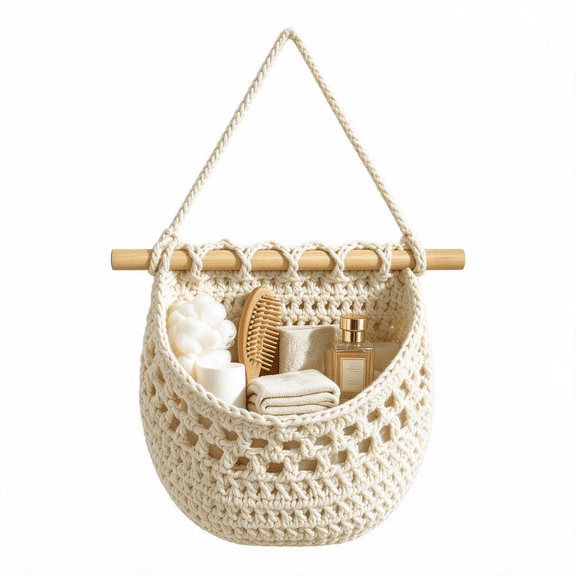 Kdkad Handwoven Storage Basket, Beige Cotton Rope Hanging Basket for Fruit Toy Magazine Stuff, Wall Mount Boho Macrame Container for Living Room Bedroom Kitchen Bathroom Nursery Closet Organizer