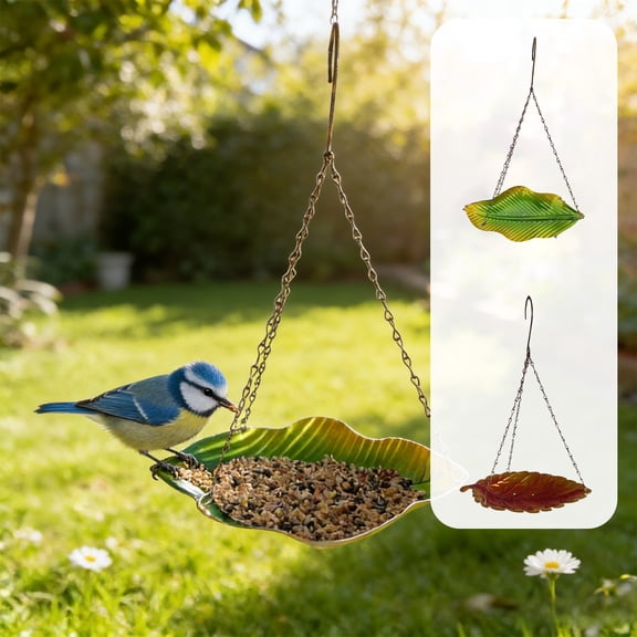 Kdkad Hanging Metal Leaf Bird Feeder Tray Outdoor - Wrought Iron Feeding Station Brown/Green, Rustic Plant Leaf Design with Drainage, Garden Patio Yard Decor Attracts Small Birds