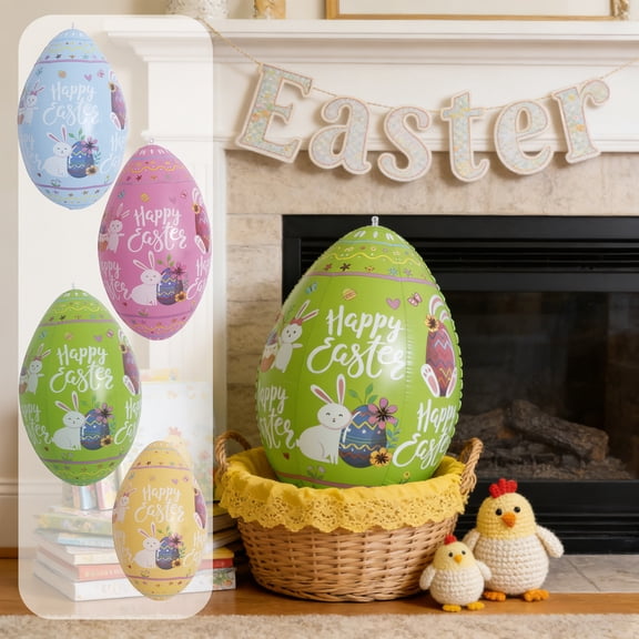 Kdkad Inflatable Easter Egg Decoration 13.8 Inch, PVC Waterproof Outdoor Patio Yard Decor with Cute Bunny Patterns, Easy Inflate/Deflate, Reusable Spring Party Display, 1 Pc