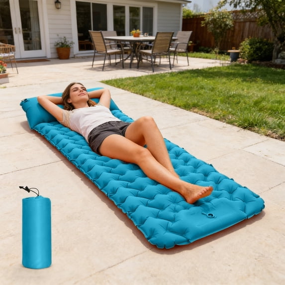 Kdkad Inflatable Sleeping Pad with Built-In Foot Pump, 75.9×26.7 Inch Waterproof Camping Air Mattress, Lightweight Polyester Portable Sleeping Mat with Storage Bag for Hiking Backpacking