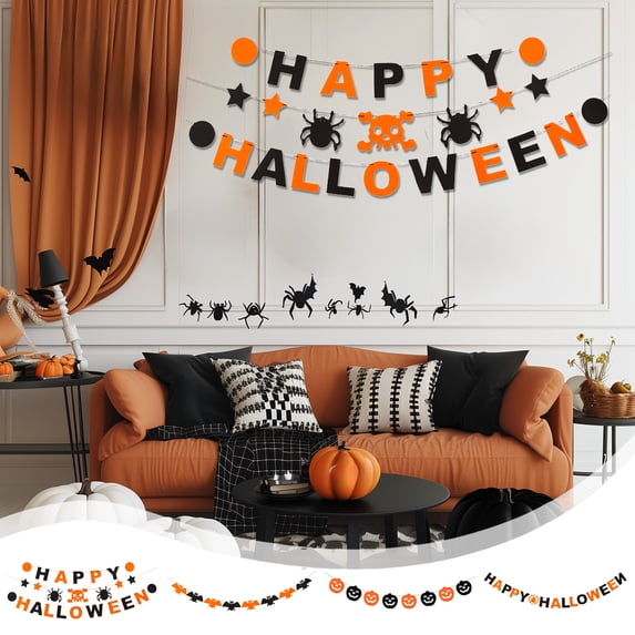 Kdkad Large 118 Inch Halloween Party Banner, Non-Woven Poly Skeleton Motif Flag, Orange/Black/Gold Backdrop, Mall/Home/Bar Decor Quick Setup