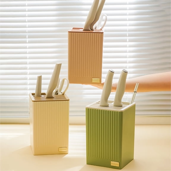 Kdkad Multifunctional Kitchen Knife Chopsticks Storage Rack -5.5×8.2 Inch Pink/Yellow/Green Plastic Countertop Organizer, Vertical Insert Safety with Drain Tray