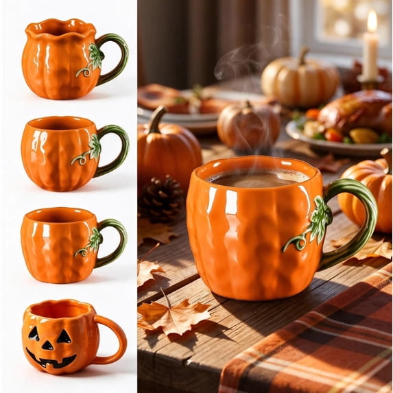 Kdkad Pumpkin Coffee Mug, Ceramic Pumpkin Cups with Handle for Halloween Thanksgiving Decorations, Cute Fall Table Decor, Gifts for Women & Men