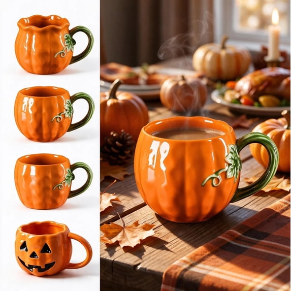 Kdkad Pumpkin Coffee Mug, Ceramic Pumpkin Cups with Handle for Halloween Thanksgiving Decorations, Cute Fall Table Decor, Gifts for Women & Men