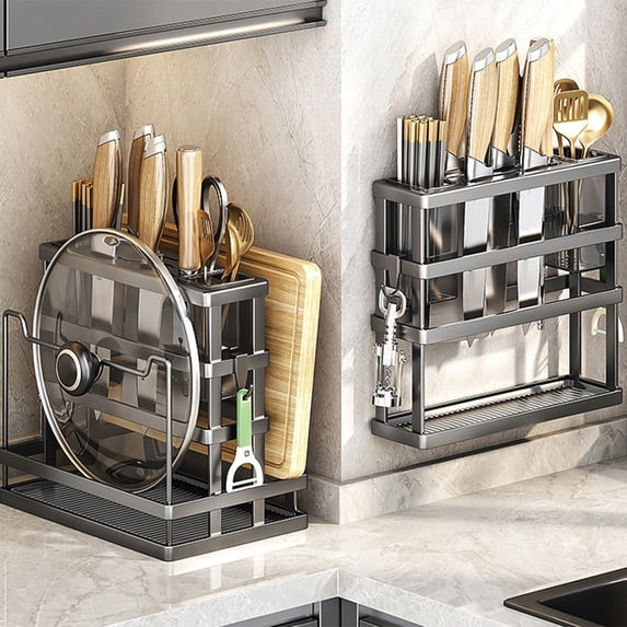 Kdkad Punch-Free 3-in-1 Kitchen Knife Holder - Gray Carbon Steel Storage Rack, Pot Lid Chopsticks Organizer with Drain Tray