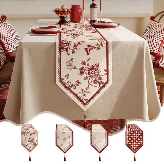 Kdkad Red Tassel Polyester Table Runner/Tablecloth - 11.8×47 Inch - Openwork Bohemian Style Easy Care Decorative Cover for Dining Living Room Coffee Table TV Cabinet Countertop