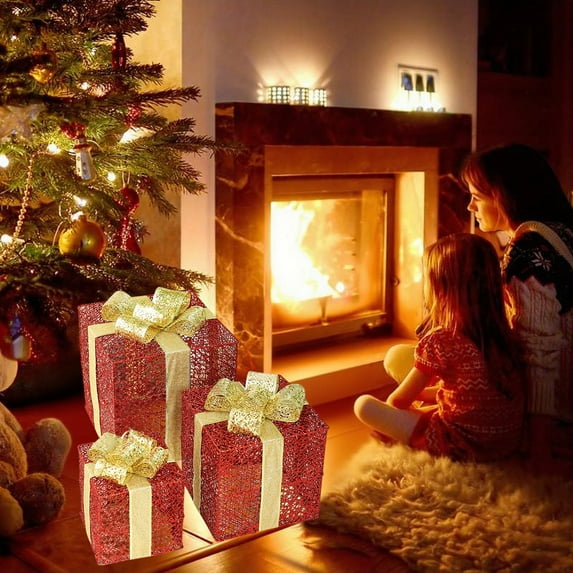 Kdkad Set of 3 Metal LED Lighted Christmas Present Boxes, Outdoor Decor with 3 Sizes, Serviceable Waterproof for Yard, Battery Operated, Creates a Sparkling Winter Village Display