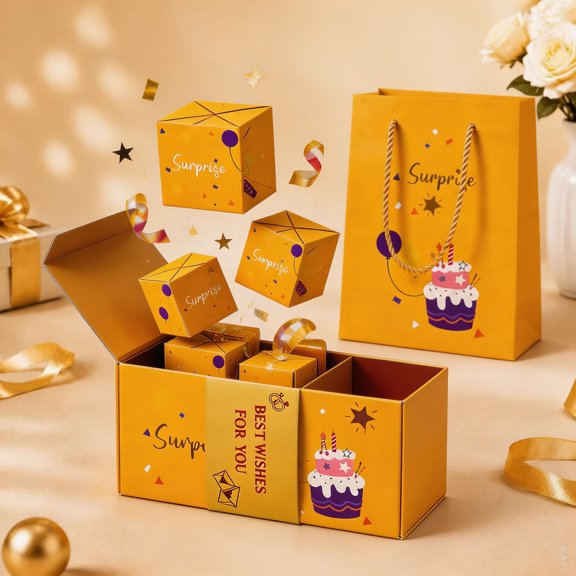 Kdkad Surprise Gift Box Explosion for Money, Xmas DIY Happy Birthday Folding Bouncing Gift Box Kit for Cash Luxury with Goodie Bag, Bright Yellow Gift Boxes for Women Men Birthday Party Supplies (6)