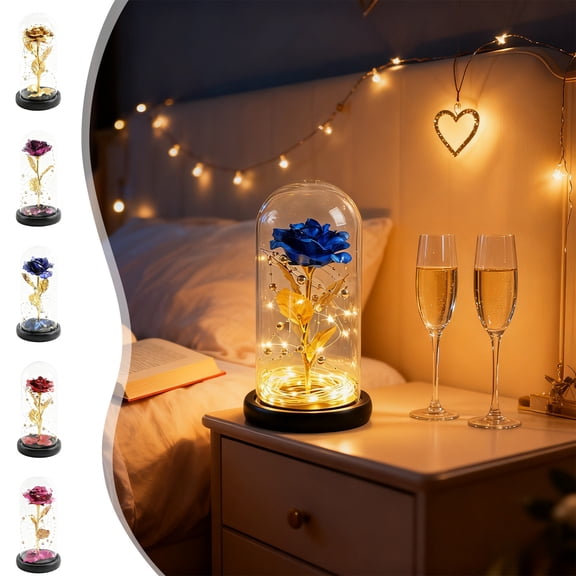 Kdkad Valentine's Day Rose Lampshade with Lights - 4.3×8.3 Inch Blue/Gold/Red/Purple Plastic Desktop Decor, Long-Lasting Metallic Rose Glass Dome, Perfect for Couple Anniversary Birthday Gift