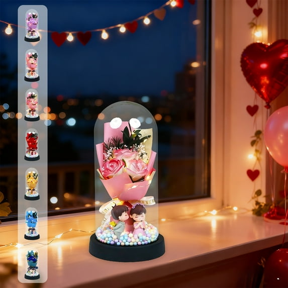 Kdkad Valentine's Day Soap Flower Bouquet - 4.3×8.5 Inch Glass Cover Luminous Rose Arrangement, 8 Colors No-Watering Long-Lasting Decor, Perfect Birthday Romantic Gift for Her