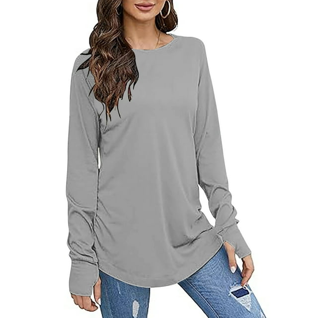Kdnteot Womens Tops Plus Size Long Sleeve Crew Neck T-Shirts Plain Slim Fitted Tunic Tops with Thumb Holes