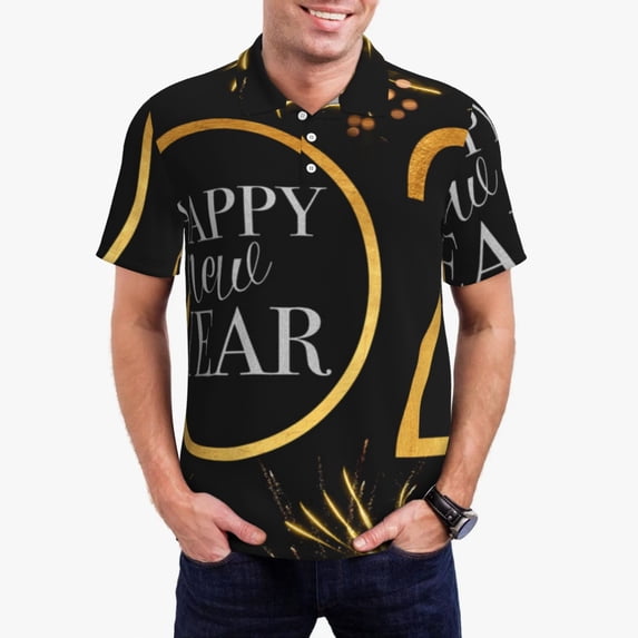 Kdxio 2025 New Year New Print Men's Short Sleeve Polo Shirt,Midweight Men's Shirt-3X-Large