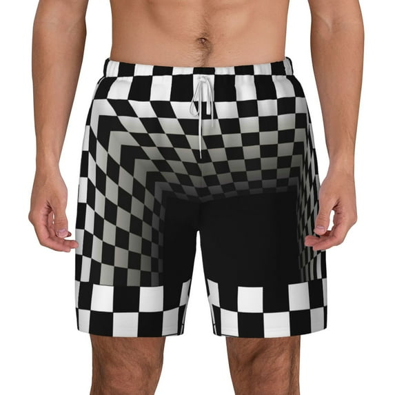 Kdxio 3d Black And White Checkerboard Print Men'S Swim Trunks With Compression Liner 7 Inch Inseam Quick Dry Swim Shorts