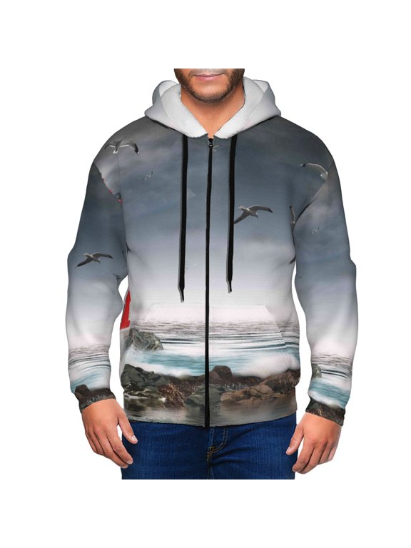 3d Lighthouse in the Surf Print Men Hoodies Casual Hoodies for Men with Zip Pockets Full Zip Long Sleeve Sweatshirt Sports Hooded Jacket-XX-Large