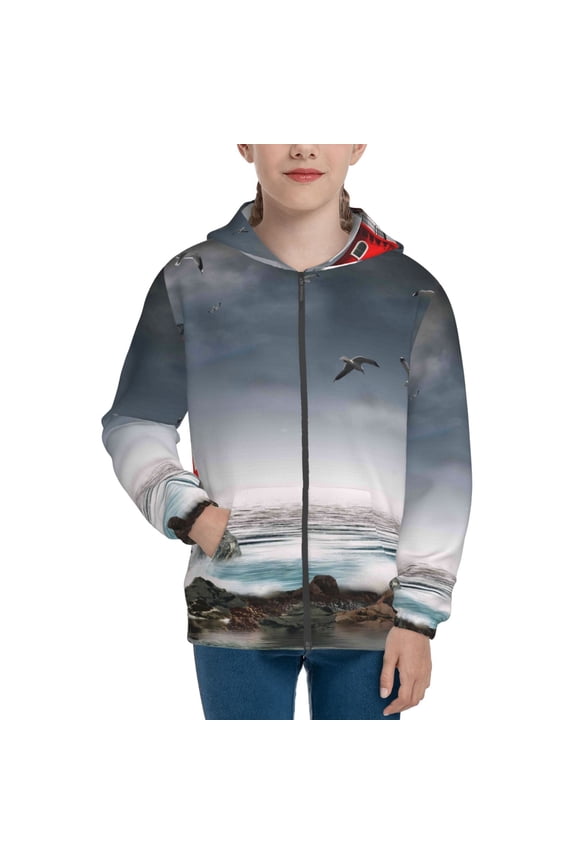 3d Lighthouse in the Surf Pattern Kids Boys Girls Zip Up Hoodie 3D Printed Hooded Sweatshirt Hoody Coat with Pocket 7-12 Y-Medium