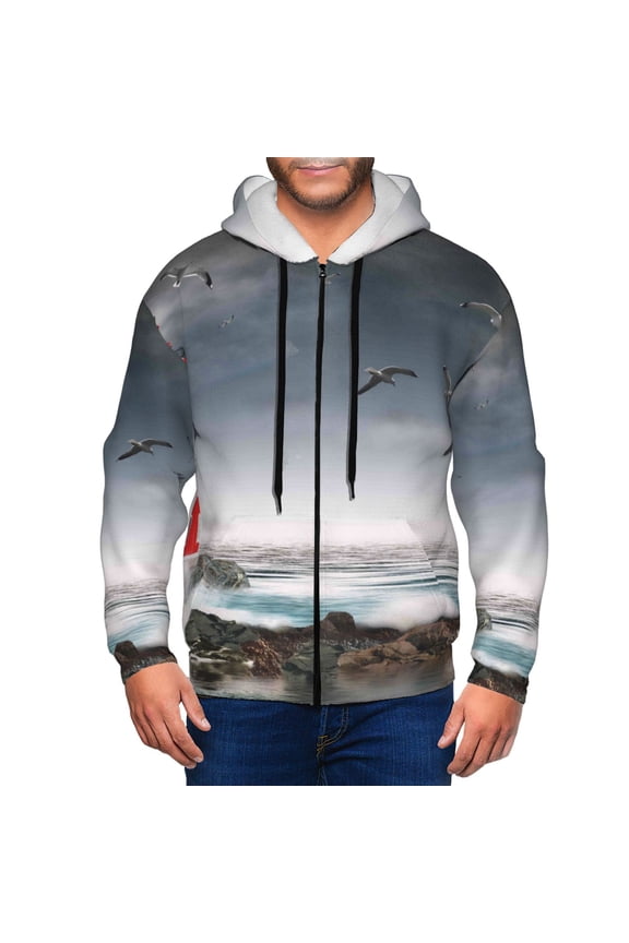 3d Lighthouse in the Surf Print Men Hoodies Casual Hoodies for Men with Zip Pockets Full Zip Long Sleeve Sweatshirt Sports Hooded Jacket-Small