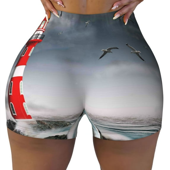 Kdxio 3d Lighthouse in the Surf Print Workout Shorts for Women Seamless Soft Smooth Gym Yoga Scrunch Active Shorts