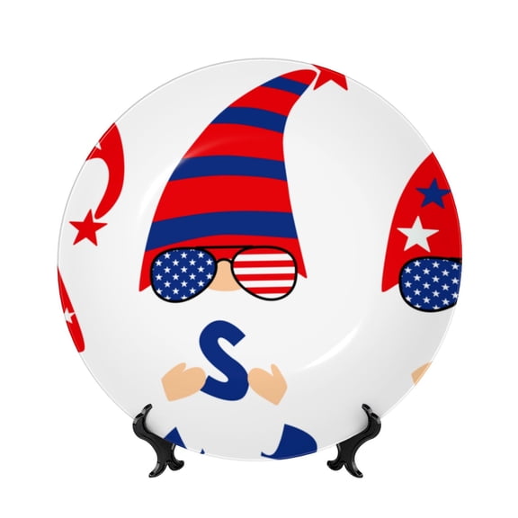 Kdxio 4th of July Gnomes Bone China Decorative Plate Ceramic Decorative Plate for Home Office Wall Stand Decorative Plates for Home Bedroom-8in