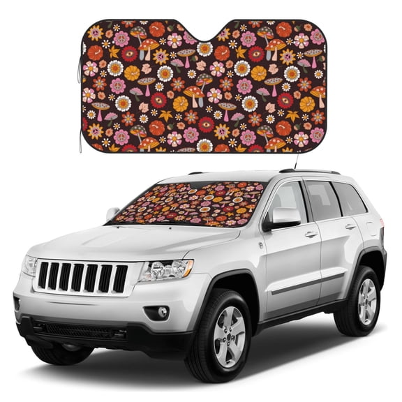 Kdxio 70s Groovy Hippie Retro Print Windshield Sun Shade, Foldable Sun Blocker for Car,Truck,SUV Automotive Interior Sun Protection,Reflective Shade for Front Windshield(Medium)