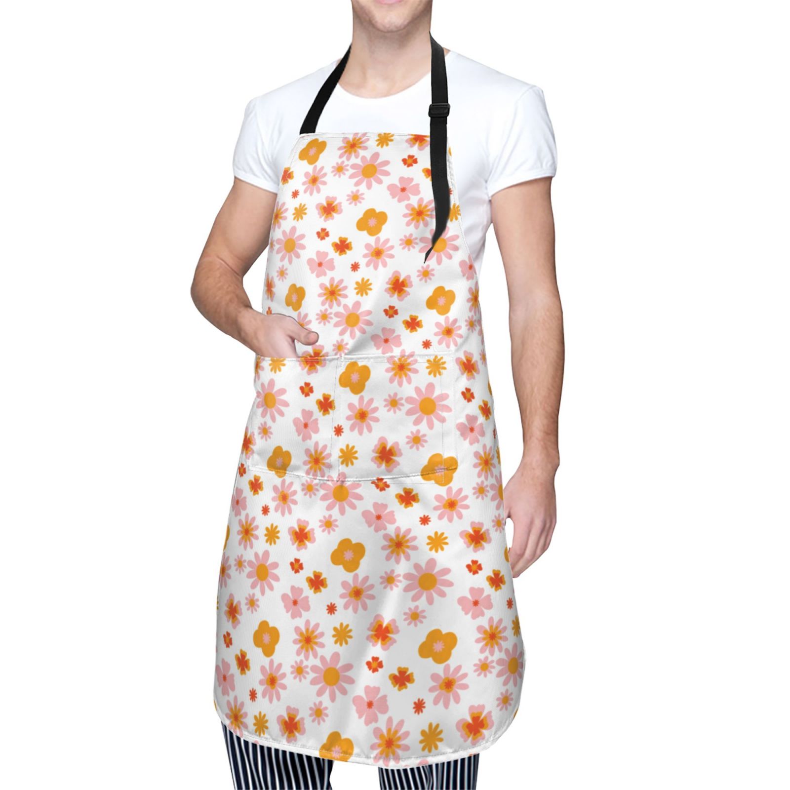 Kdxio 70s Retro Flowers Apron with Pockets Adjustable Kitchen Aprons for Men Women Waterproof Aprons for Cooking,Drawing,Crafting, Baking Household Cleaning