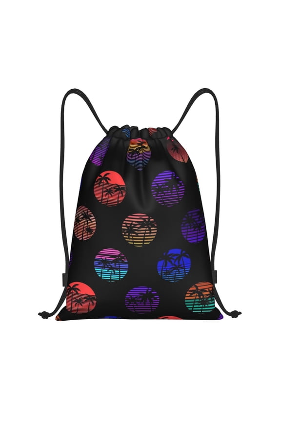 80s Style Palm Trees Print Drawstring Backpack Bag,Waterproof Draw String Back Sack, Gym Drawstring Bags Swim Bag For Unisex