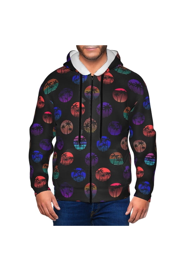 80s Style Palm Trees Print Men Hoodies Casual Hoodies for Men with Zip Pockets Full Zip Long Sleeve Sweatshirt Sports Hooded Jacket-X-Large