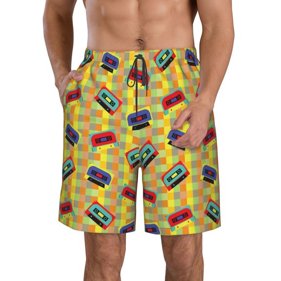 Kdxio 90s Audio Tape Pattern Mens Casual Shorts - Drawstring Summer Beach Sports Shorts for Men