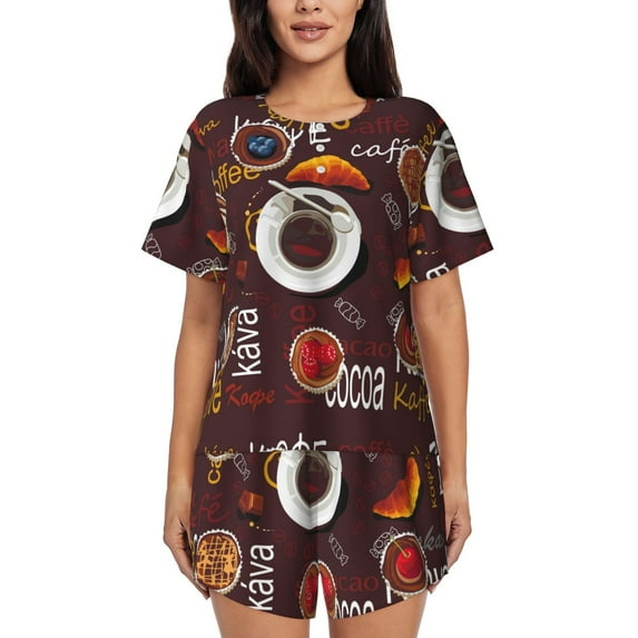 Kdxio A Cup Of Black Coffee On A Saucer Print Pajamas Sets for Women Short-Sleeved Pjs with Lounge Shorts Two Piece Sleepwear S-4XL