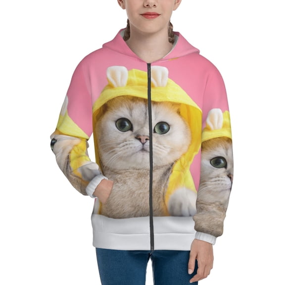 Kdxio A Funny Cat Pattern Kids Boys Girls Zip Up Hoodie 3D Printed Hooded Sweatshirt Hoody Coat with Pocket 7-12 Y-Medium