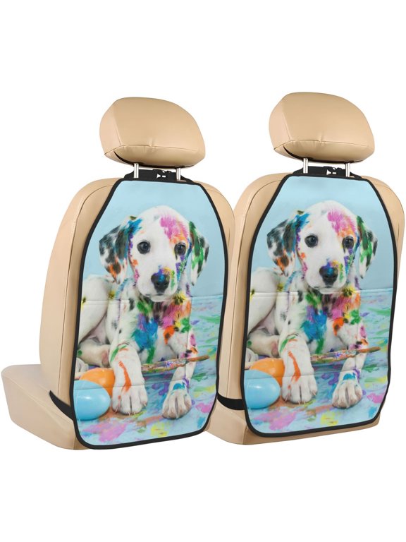 A Funny Little Dalmatian Puppy Print 2 Pack Car Kick Mat Seat Cover Back Protector Mat with Pockets for Organizer Backseat Protector and Storage Anti Kick Pad for Vehicles