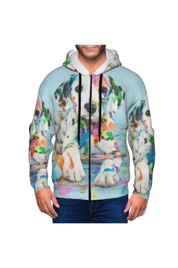 A Funny Little Dalmatian Puppy Print Men Hoodies Casual Hoodies for Men with Zip Pockets Full Zip Long Sleeve Sweatshirt Sports Hooded Jacket-Small