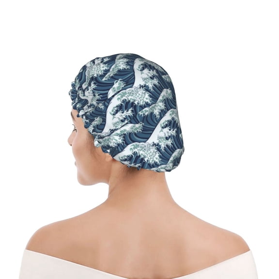 Kdxio A Japanese Great Wave Print Shower Cap for Women,Elastic and Reusable,Double Waterproof Layers Bathing Hat