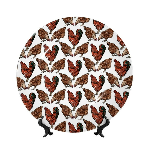 Kdxio A Rooster With Chickens Bone China Decorative Plate Ceramic Decorative Plate for Home Office Wall Stand Decorative Plates for Home Bedroom-8in