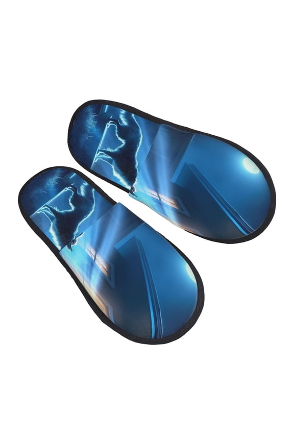 A Wolf Barks Out A Window Pattern Slippers for Women Memory Foam Fuzzy House Slippers Bedroom Non-slip Warm Womens Slippers