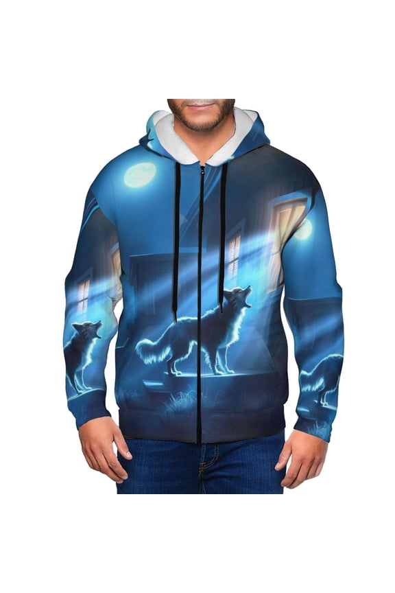 A Wolf Barks Out A Window Print Men Hoodies Casual Hoodies for Men with Zip Pockets Full Zip Long Sleeve Sweatshirt Sports Hooded Jacket-Small
