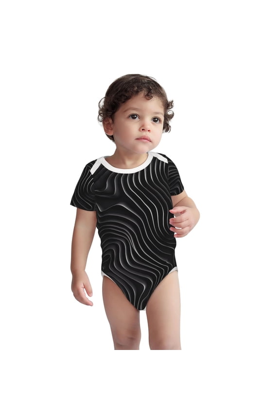Abstract Black And White Waves Pattern Unisex Baby Cotton Short Sleeve Bodysuits-2 Years
